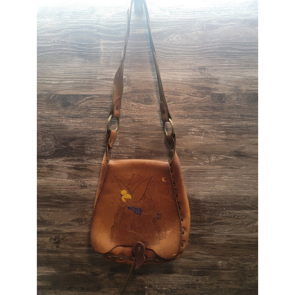 VTG 1970s Hand Tooled & Painted Leather Saddle Bag Purse Boho Tinkerbell
